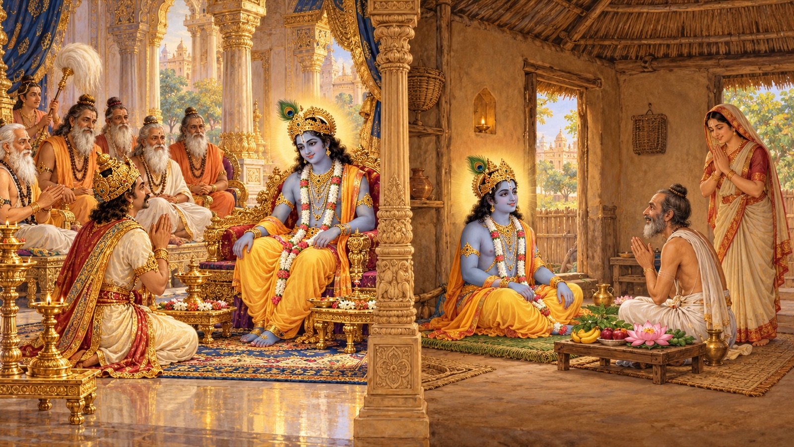 मिथिला में राजा बहुलाश्व के राजभवन और ब्राह्मण श्रुतदेव की कुटिया में एक ही क्षण विराजमान श्रीकृष्ण, दोनों स्थानों पर मुनि उनके साथ