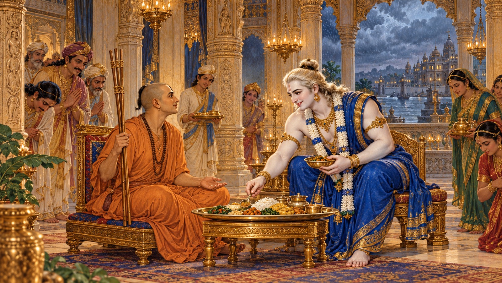 Arjuna disguised as a renunciant with a triple staff being welcomed as a guest by fair-complexioned Balarama in the palace of Dvaraka