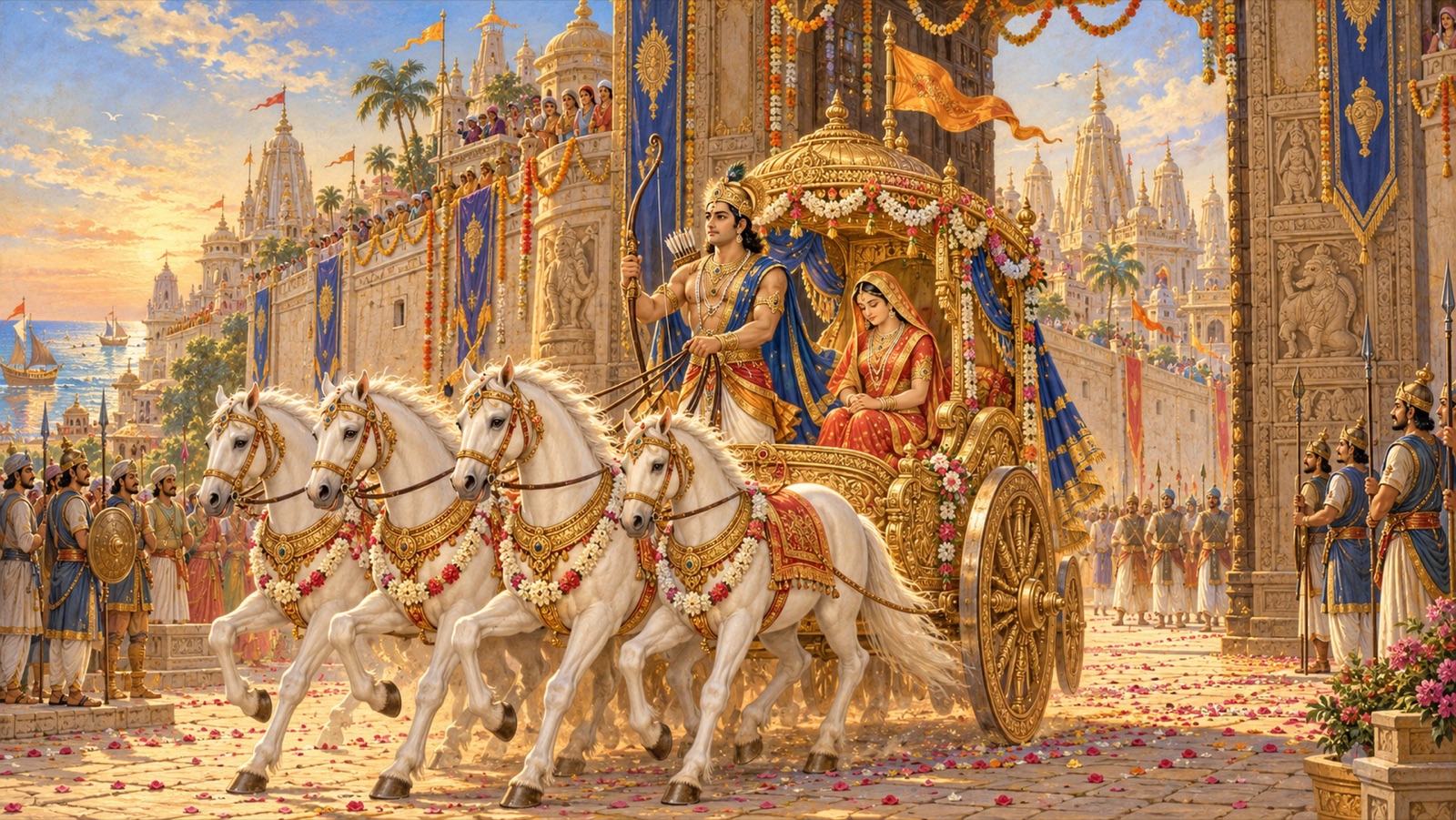 Arjuna standing with his bow in a chariot as it carries the modestly veiled princess Subhadra out through the gateway of Dvaraka on a festival day