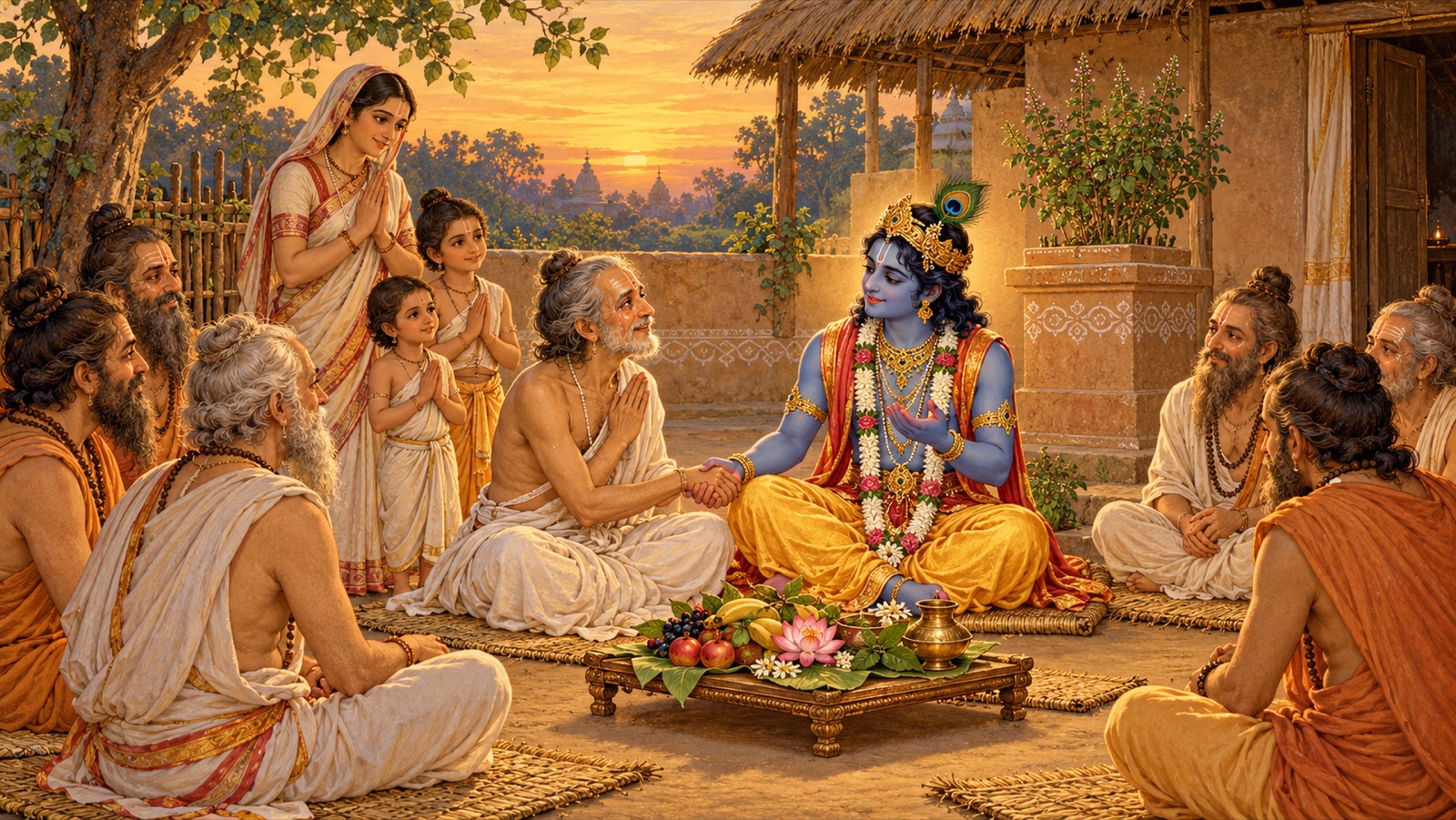 Krishna smiling and holding the hand of the brahmana Shrutadeva in his humble courtyard while sages sit on kusha mats and the brahmana's family watches reverently