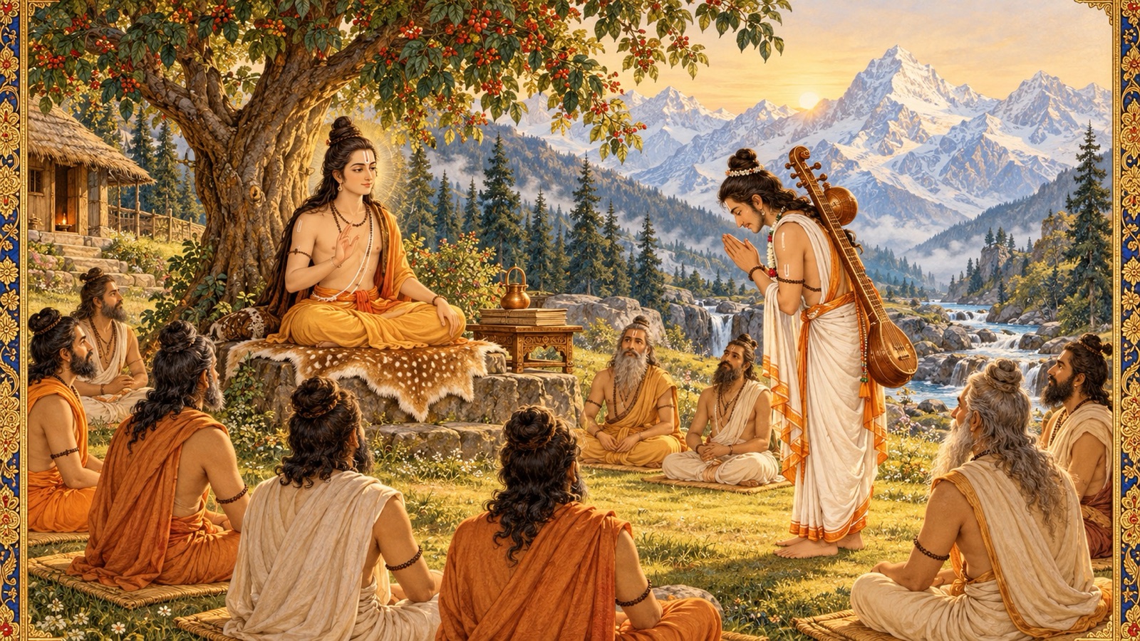 Narada bowing before Narayana Rishi seated in His Himalayan hermitage at Badarikashrama among the sages of Kalapa village
