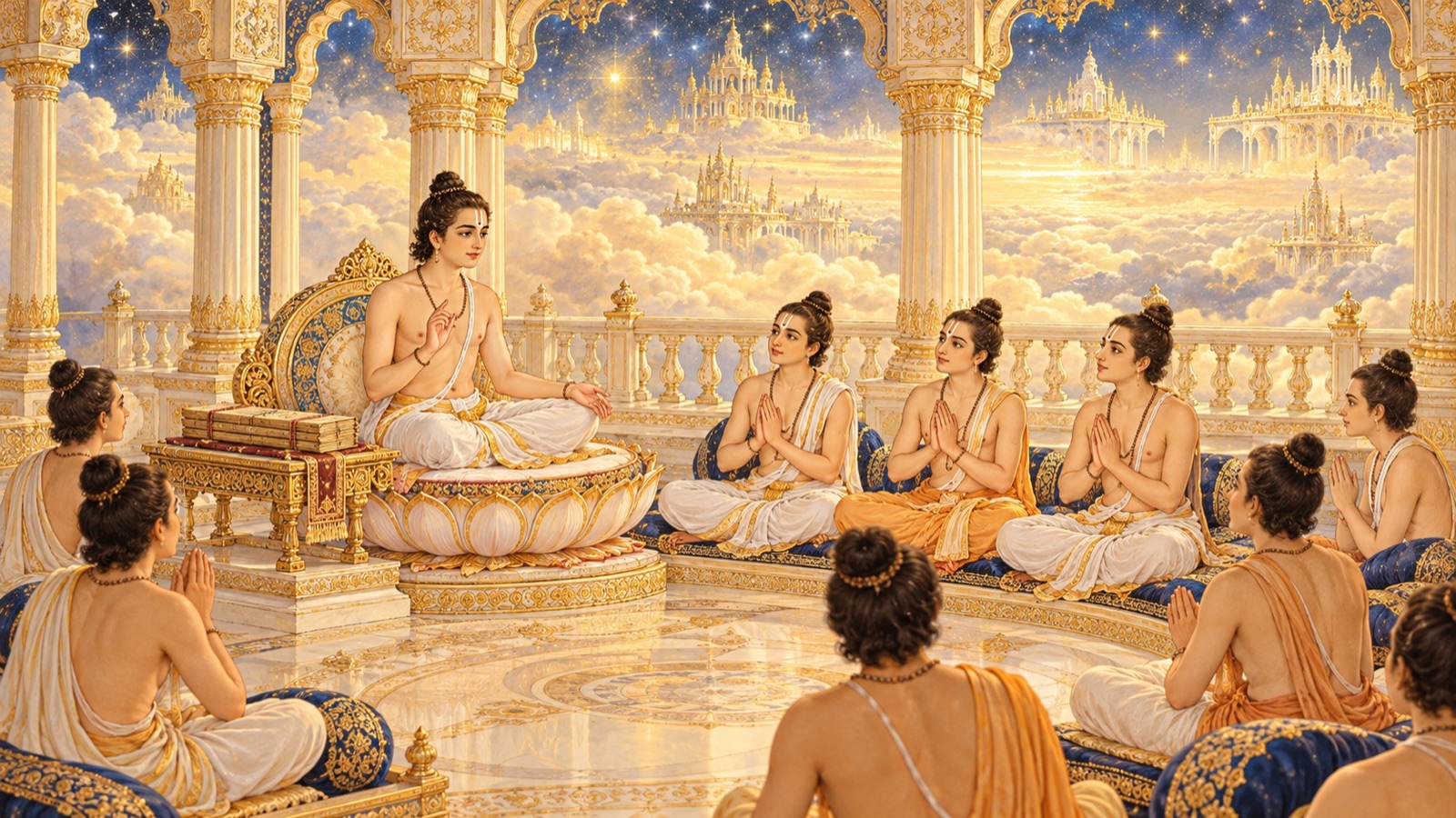 The sage Sanandana expounding to Sanaka and the other mind-born sons of Brahma in the celestial assembly of Janaloka
