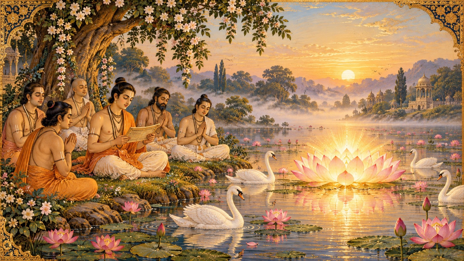 Devotees seated beside a lotus pond with swans, absorbed in hearing the Lord's stories, a lotus glowing with golden light above the water