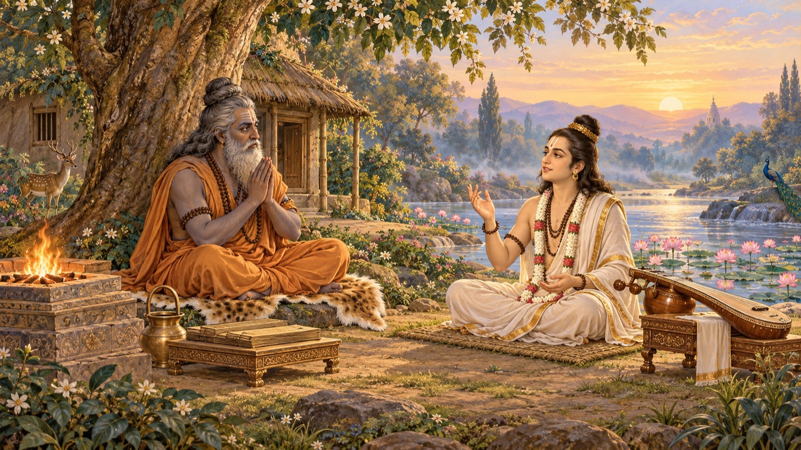 Narada seated before the sage Vyasa in his forest hermitage, reciting the hymn of the Vedas he heard from Narayana Rishi