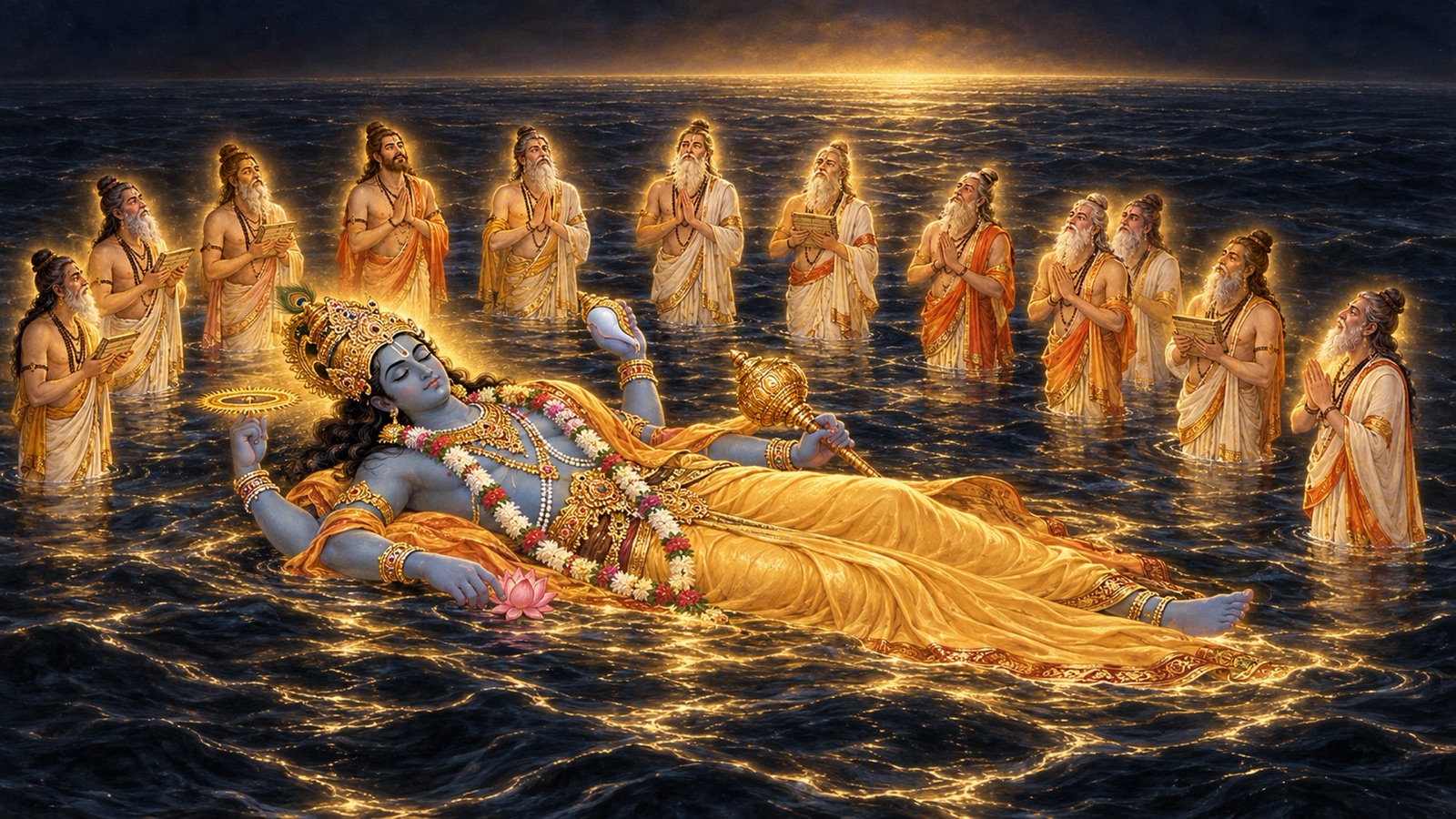 The personified Vedas as luminous sages standing in prayer around the four-armed Lord reclining in yogic sleep on the dark waters of dissolution