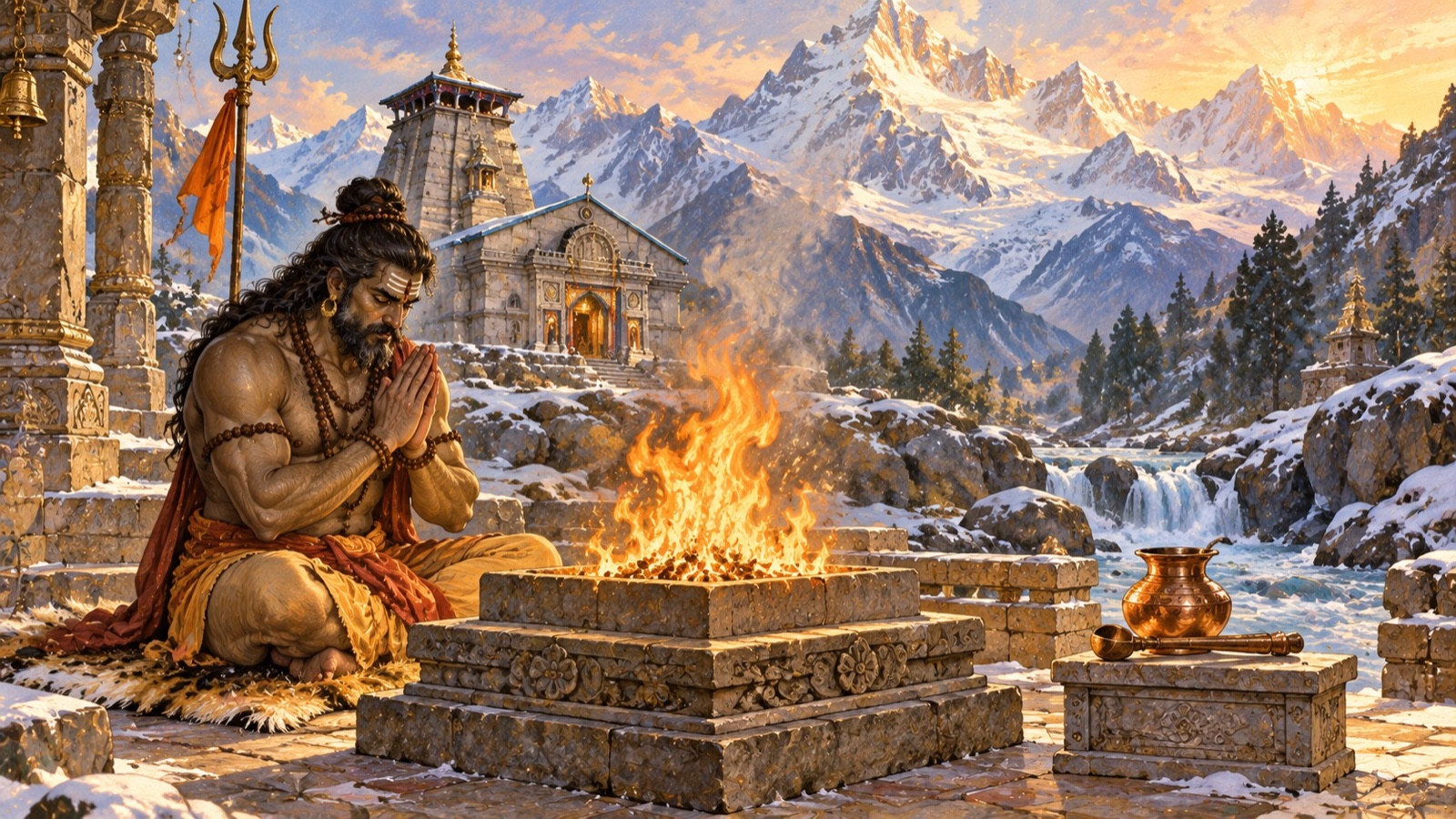 हिमपूर्ण हिमालय में केदार के पत्थर की वेदी पर जलती पवित्र अग्नि के सामने हाथ जोड़े घोर तपस्या में बैठा असुर वृक