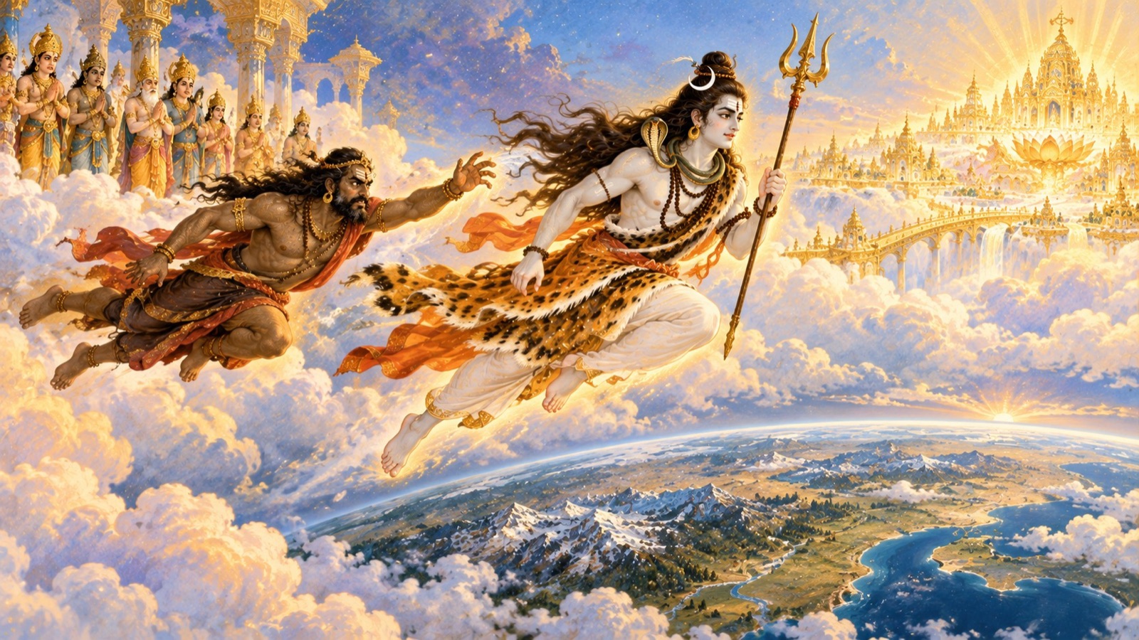 त्रिशूलधारी भगवान् शिव आकाश में प्रकाशमान वैकुण्ठ की ओर जाते हुए, पीछे वृकासुर और बादलों से विवश देखते देवता