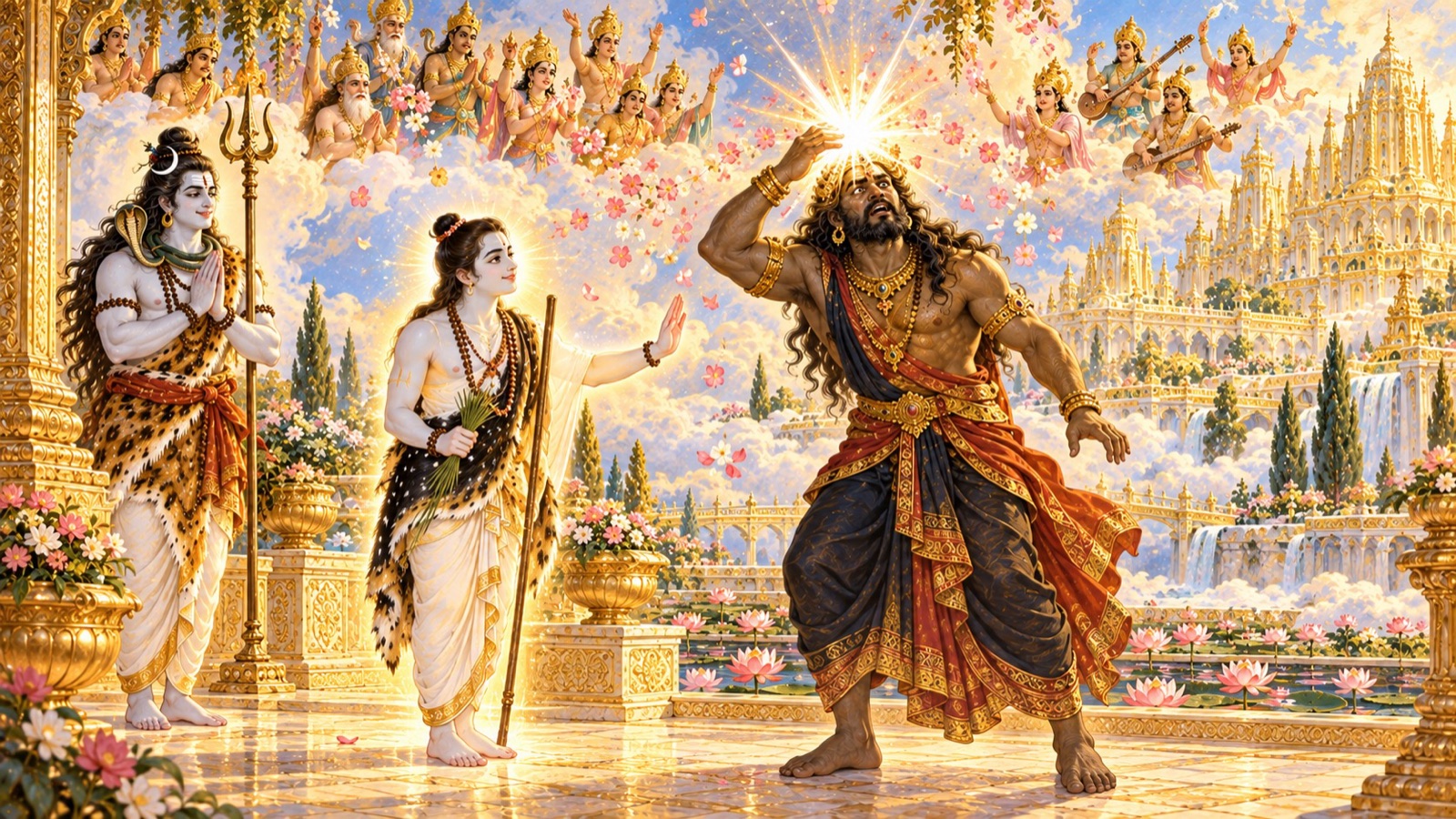 मुस्कुराते ब्रह्मचारी के सामने भ्रमित वृकासुर अपने ही सिर की ओर हाथ उठाता हुआ, ऊपर प्रकाश की चमक, पुष्प बरसाते देवता और राहत पाए शिवजी
