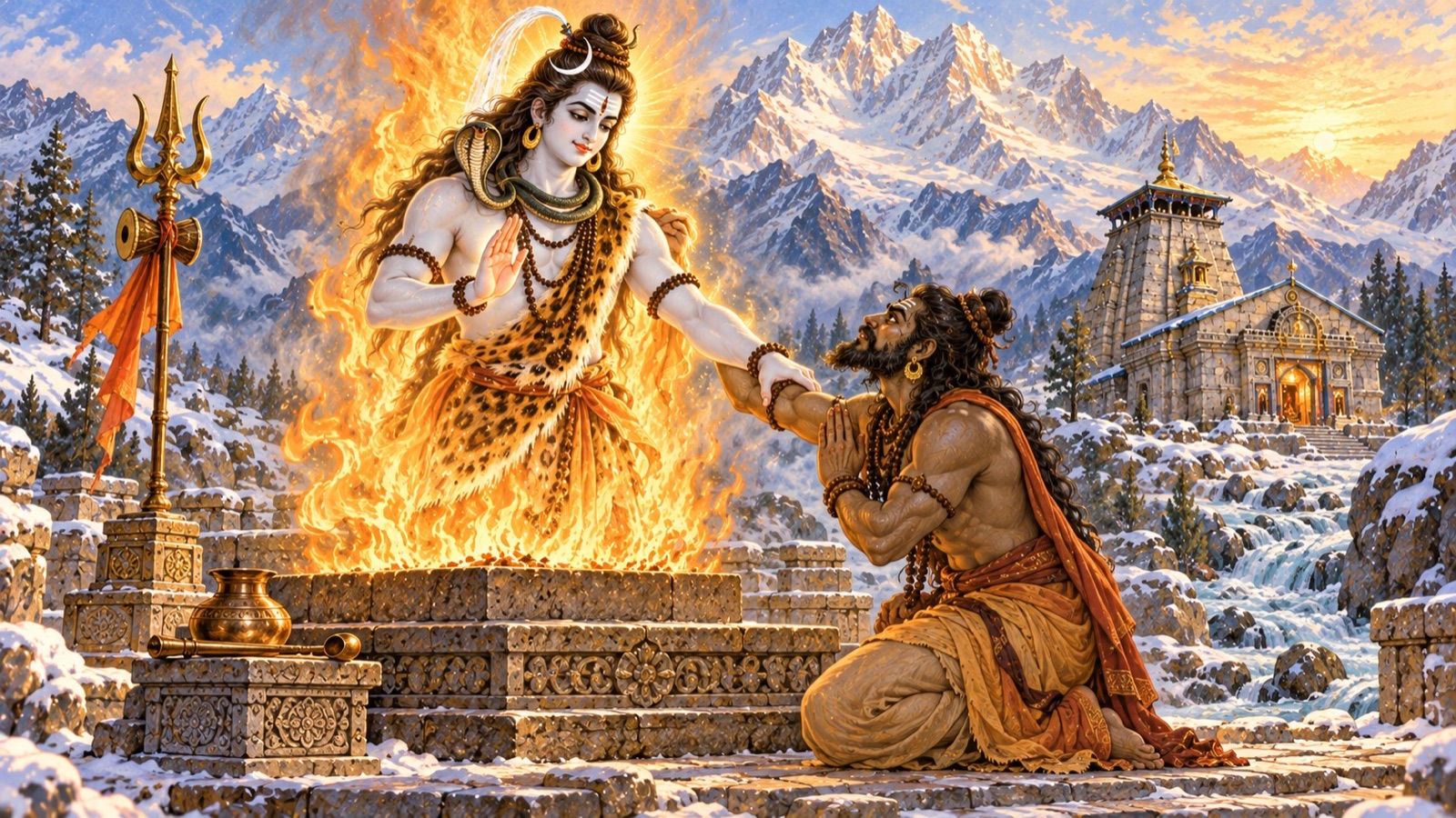 Lord Shiva rising from the sacred fire at Kedara, holding the demon Vrikasura's arms and raising a hand in blessing as He grants the boon