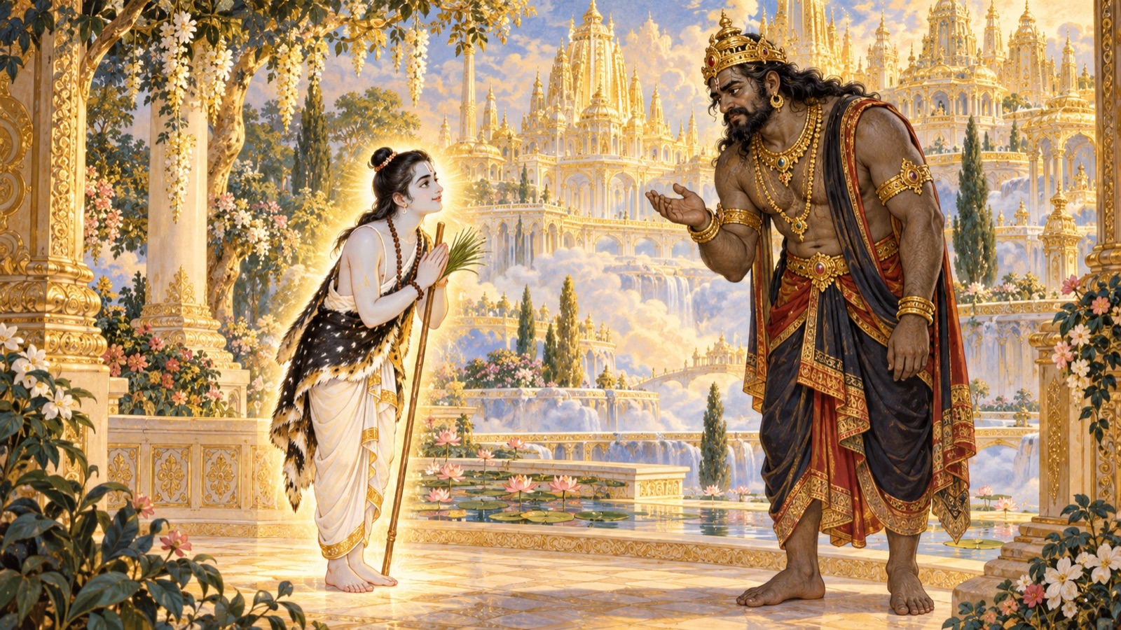 Lord Narayana as a radiant young brahmachari student holding kusha grass greets the weary demon Vrikasura near the shining border of Vaikuntha