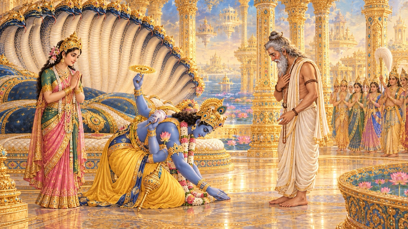 वैकुण्ठ में शेष-शय्या से उठकर, पास खड़ी लक्ष्मीजी सहित, झुककर ऋषि भृगु के चरण दबाते चतुर्भुज विष्णु