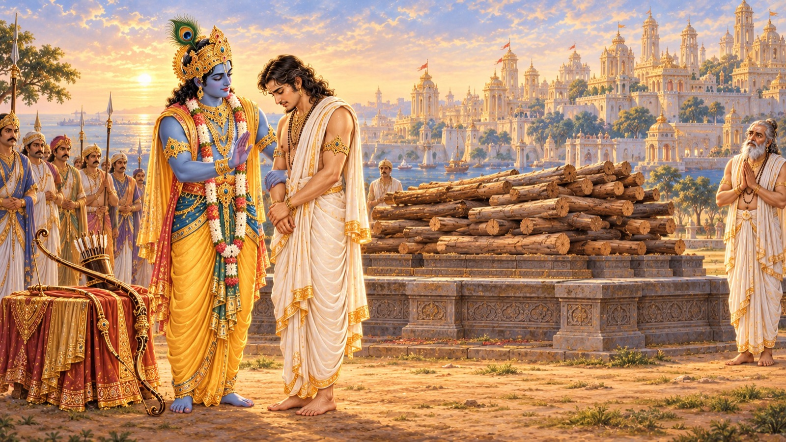पत्थर की वेदी पर रखी बिना जली चिता के सामने दृढ़ खड़े अर्जुन को सौम्यता से रोकते कृष्ण