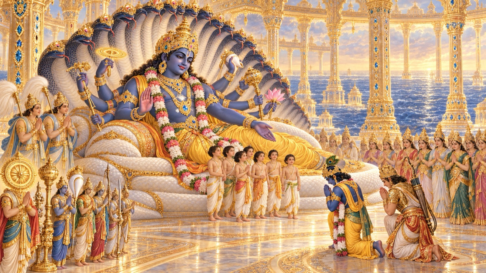 सहस्र फणों वाले अनन्त पर विराजमान विराट् अष्टभुज महाविष्णु के समक्ष हाथ जोड़े खड़े कृष्ण और अर्जुन, पास में ब्राह्मण के जीवित पुत्र