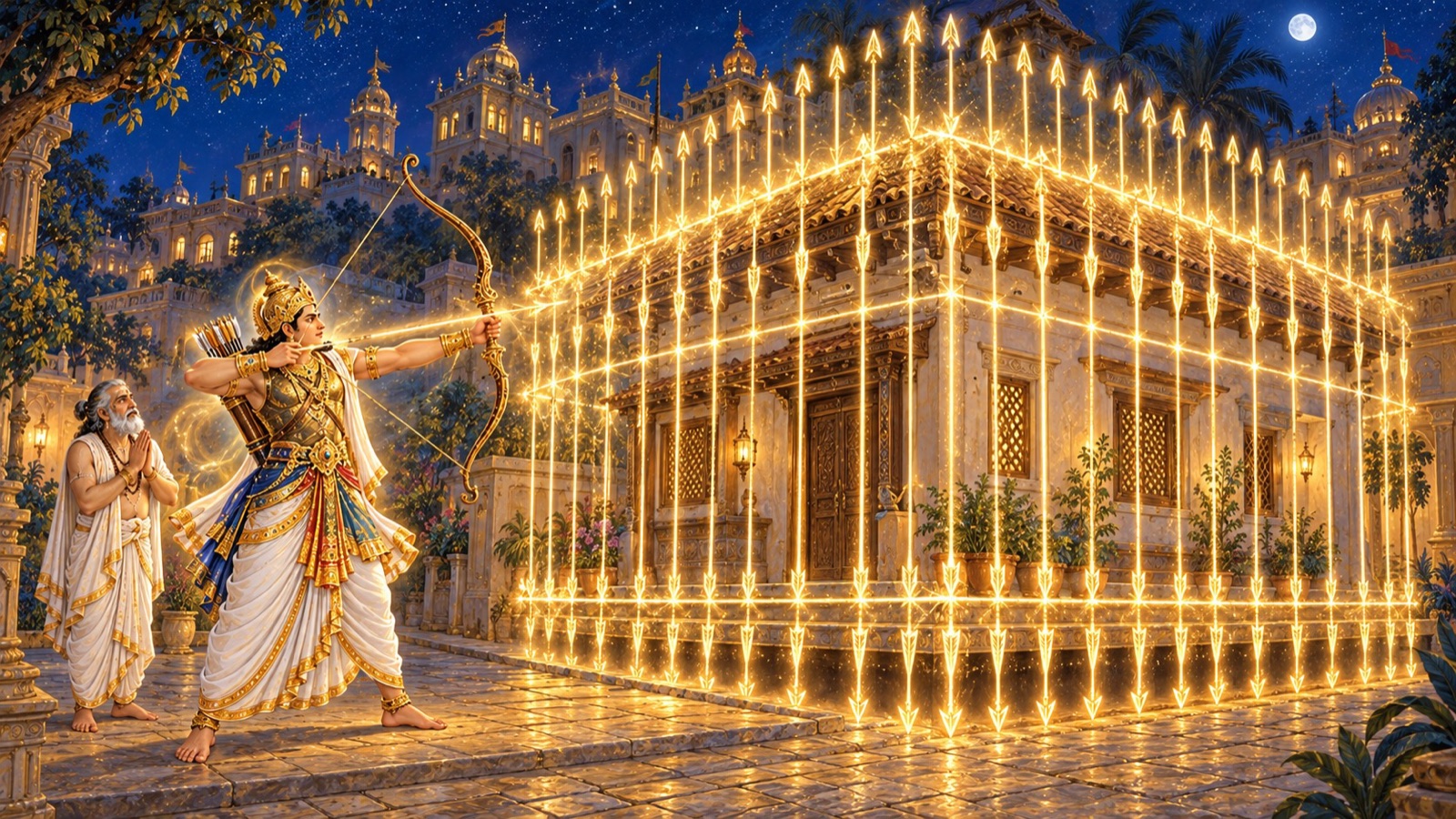 Arjuna with the Gandiva bow enclosing the brahmana's house of confinement in a glowing lattice of arrows