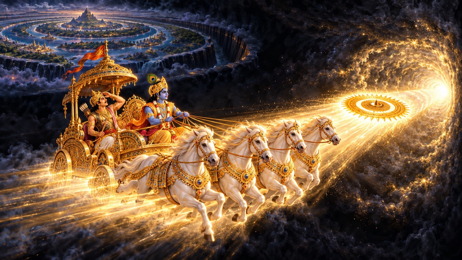 The Sudarsana disc blazing like a thousand suns carving a path of light through vast darkness ahead of Krishna's chariot carrying Arjuna