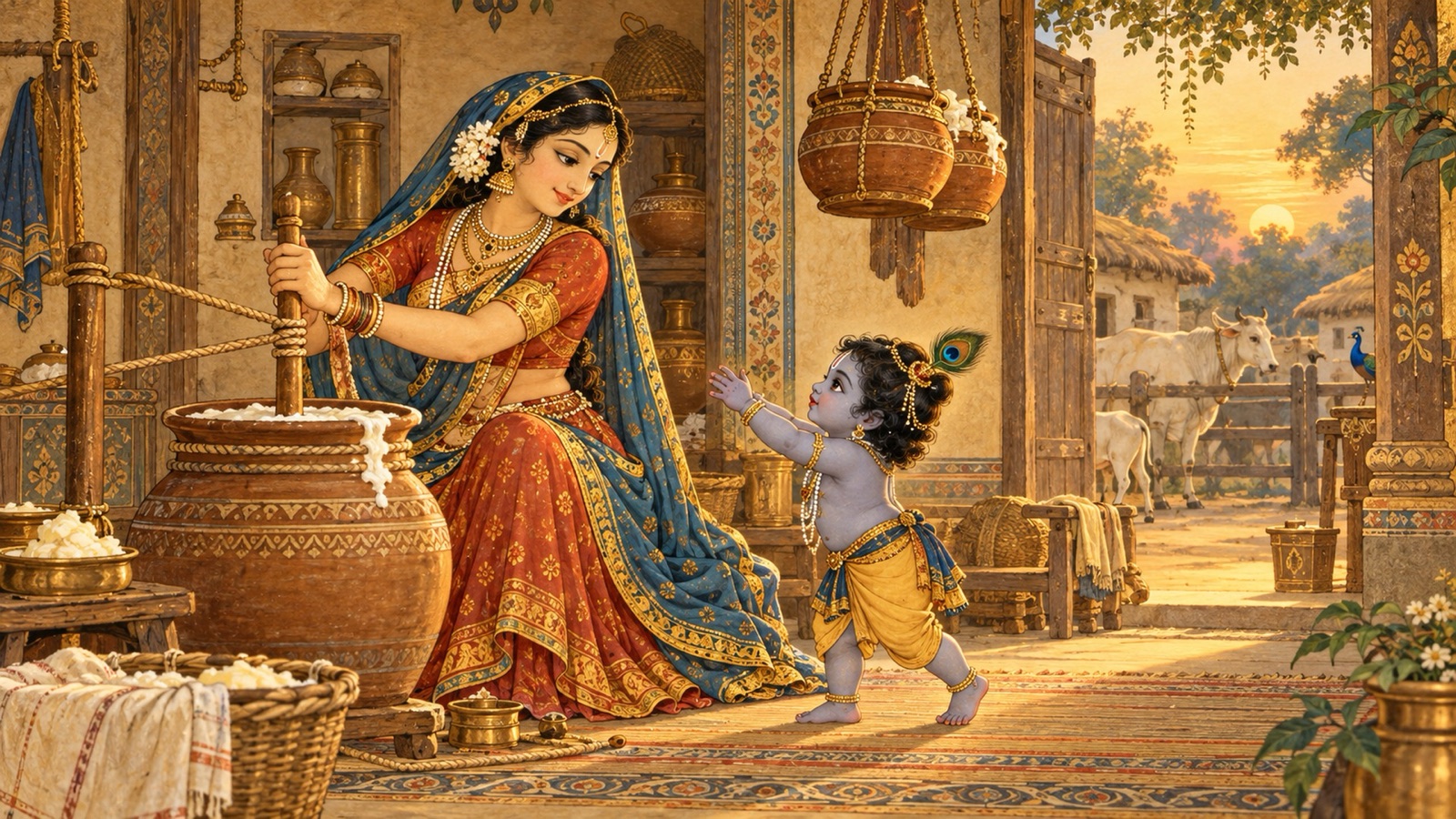 प्रातःकाल कृष्ण की बाललीलाओं के गीत गाती हुई दही मथकर मक्खन निकालती माता यशोदा, उनकी ओर बढ़ता शिशु कृष्ण