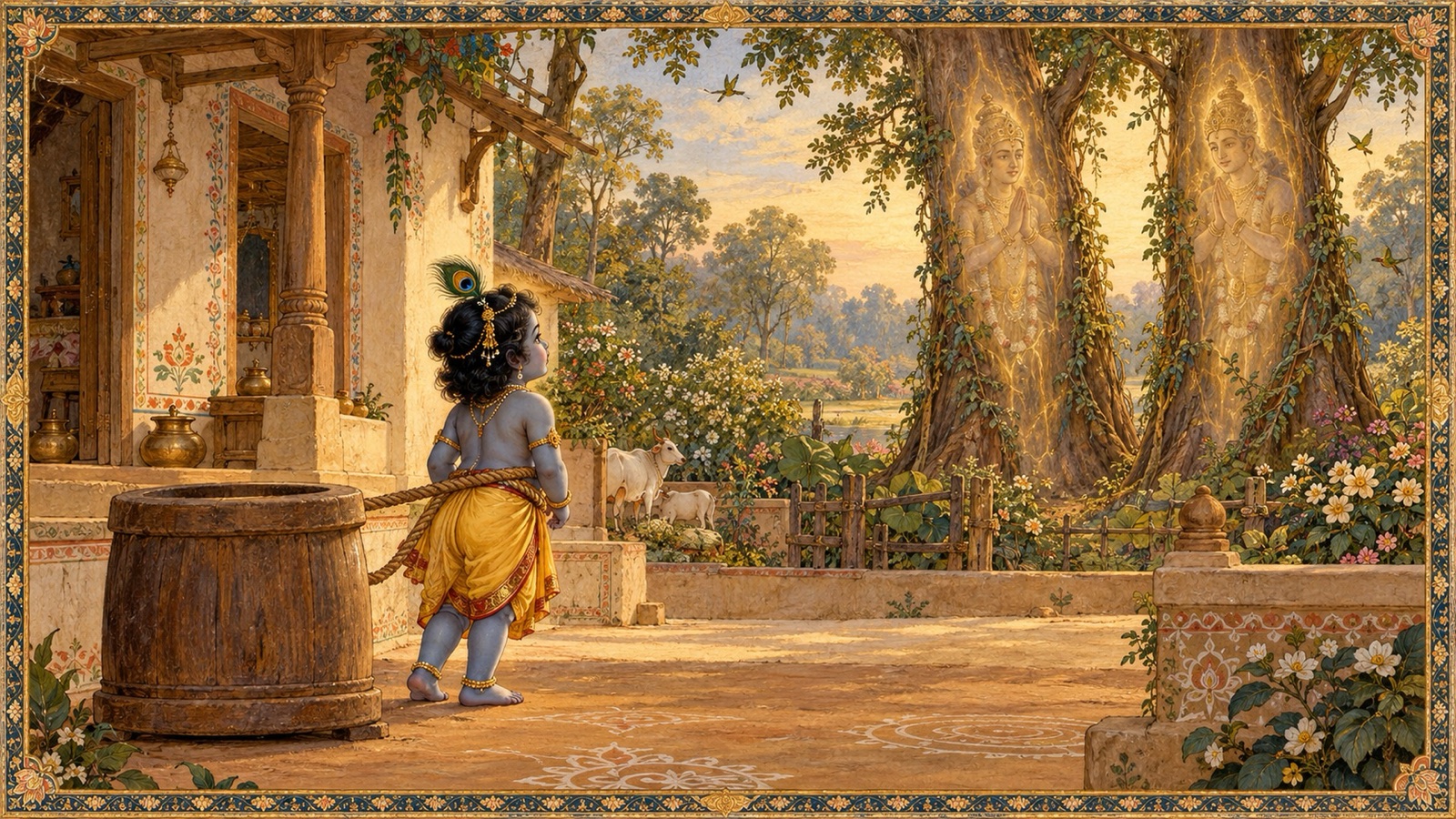 ऊखल से बँधे कृष्ण आँगन में खड़े दो विशाल यमलार्जुन वृक्षों की ओर देखते हुए
