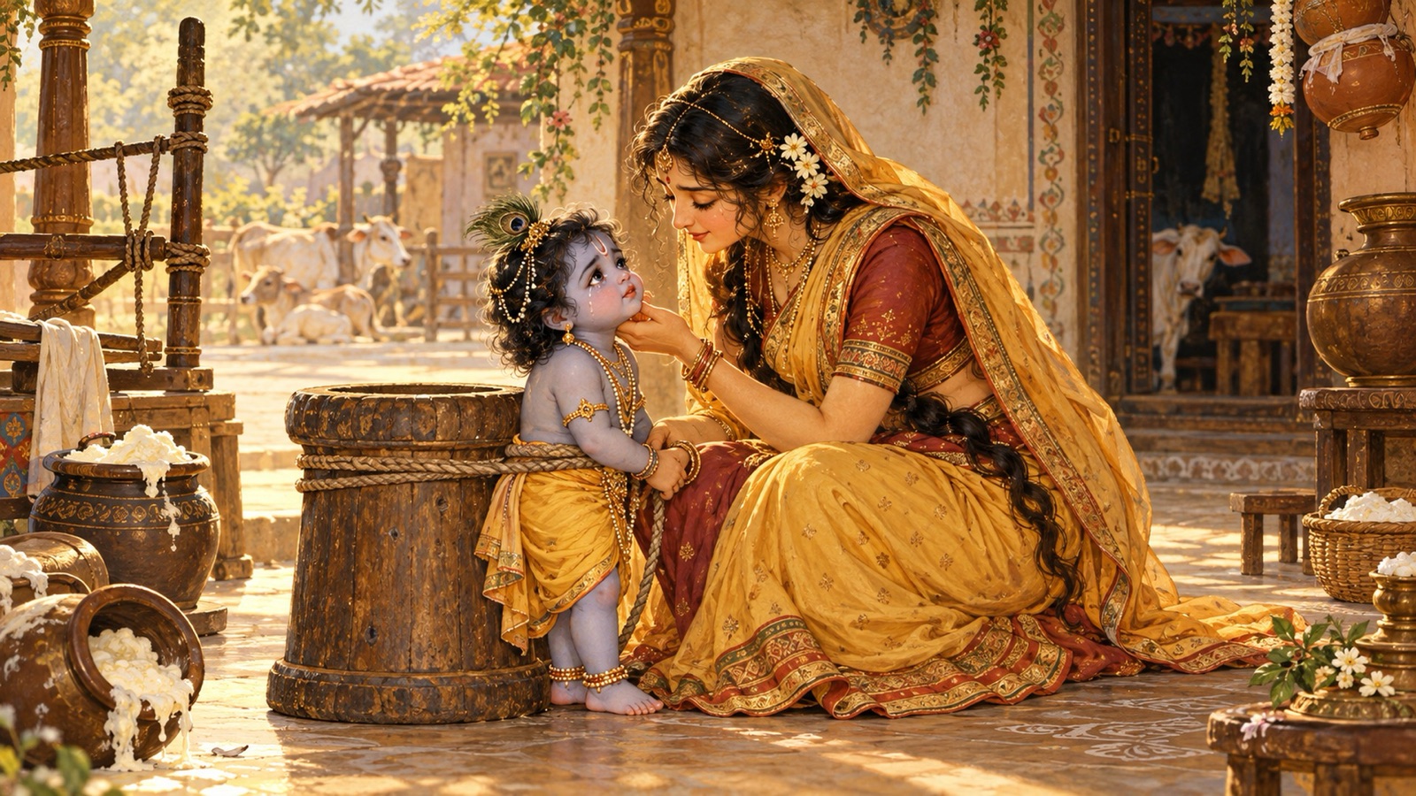 माता यशोदा वृज के आँगन में शिशु कृष्ण को रस्सी से लकड़ी के ऊखल से प्रेमपूर्वक बाँधती हुईं