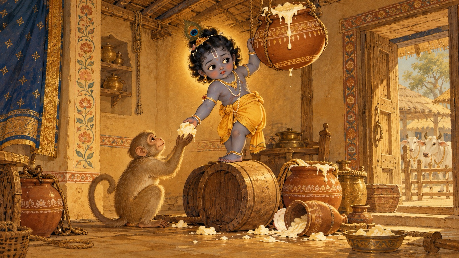 Infant Krishna standing on an overturned mortar feeding stolen butter to a monkey, glancing back with anxious eyes