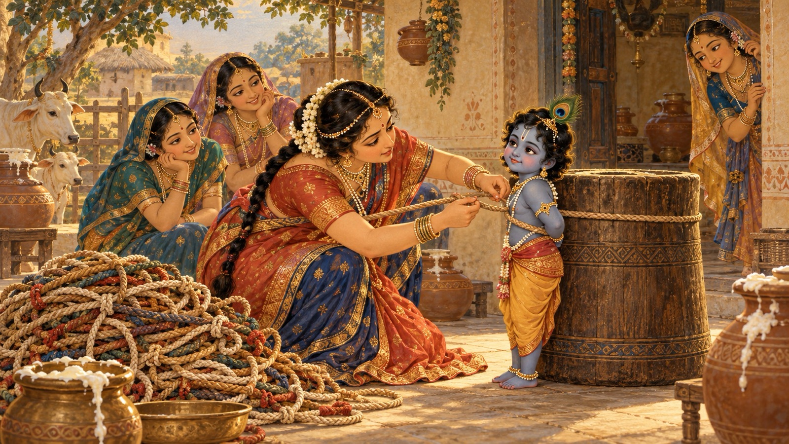 Yasoda joining many ropes to bind Krishna, each falling short by two fingers, while gopi friends watch smiling in wonder