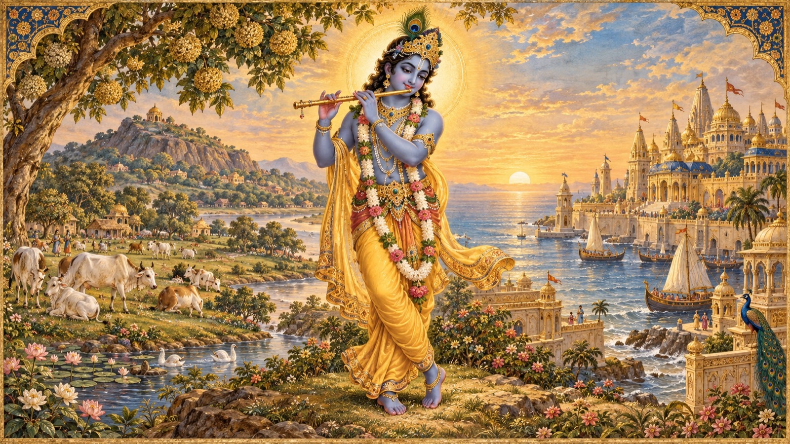 स्वर्णिम प्रकाश में बाँसुरी लिए खड़े द्विभुज तेजोमय श्रीकृष्ण, एक ओर व्रज की गोचर भूमि और दूसरी ओर समुद्र-तट की स्वर्णमयी द्वारका