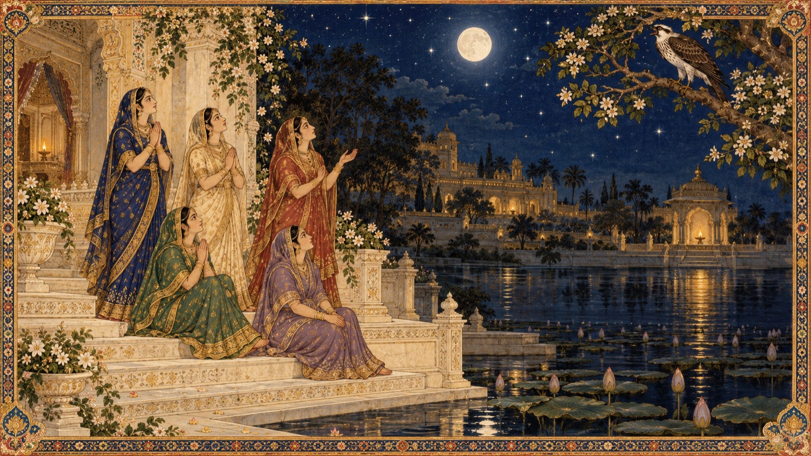 Queens of Dvaraka in full traditional attire seated on the marble steps of a lotus lake at night, looking up at a kurari bird perched above the water