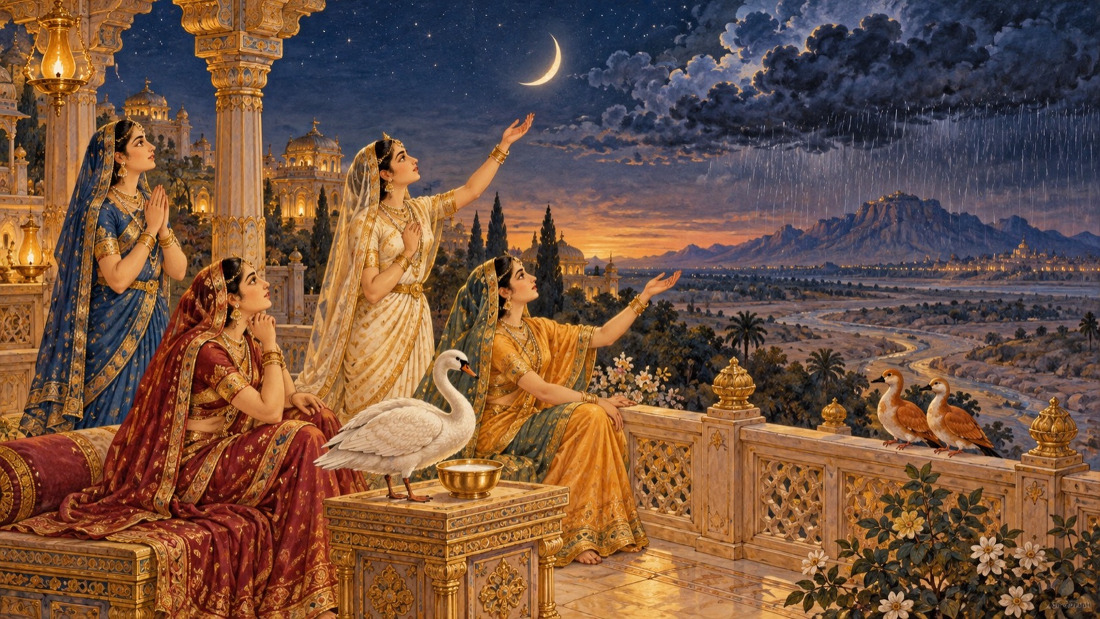 Queens of Dvaraka on a palace terrace addressing the thin crescent moon and a dark raincloud, with a chakravaki pair and a swan beside a bowl of milk