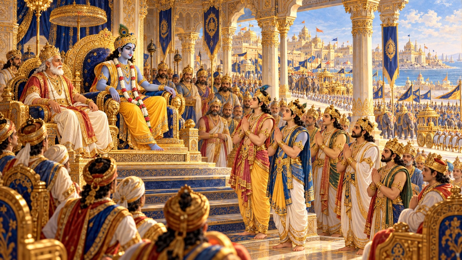 Krishna seated with King Ugrasena before a grand assembly of Yadu princes, chariots and elephants in Dvaraka