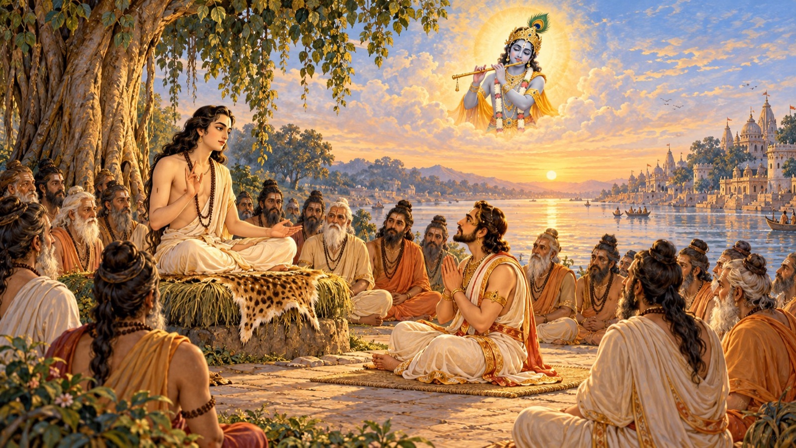 Sukadeva seated on the bank of the Ganga narrating to King Parikshit and the assembled sages, with a radiant vision of Krishna in the sky above the river