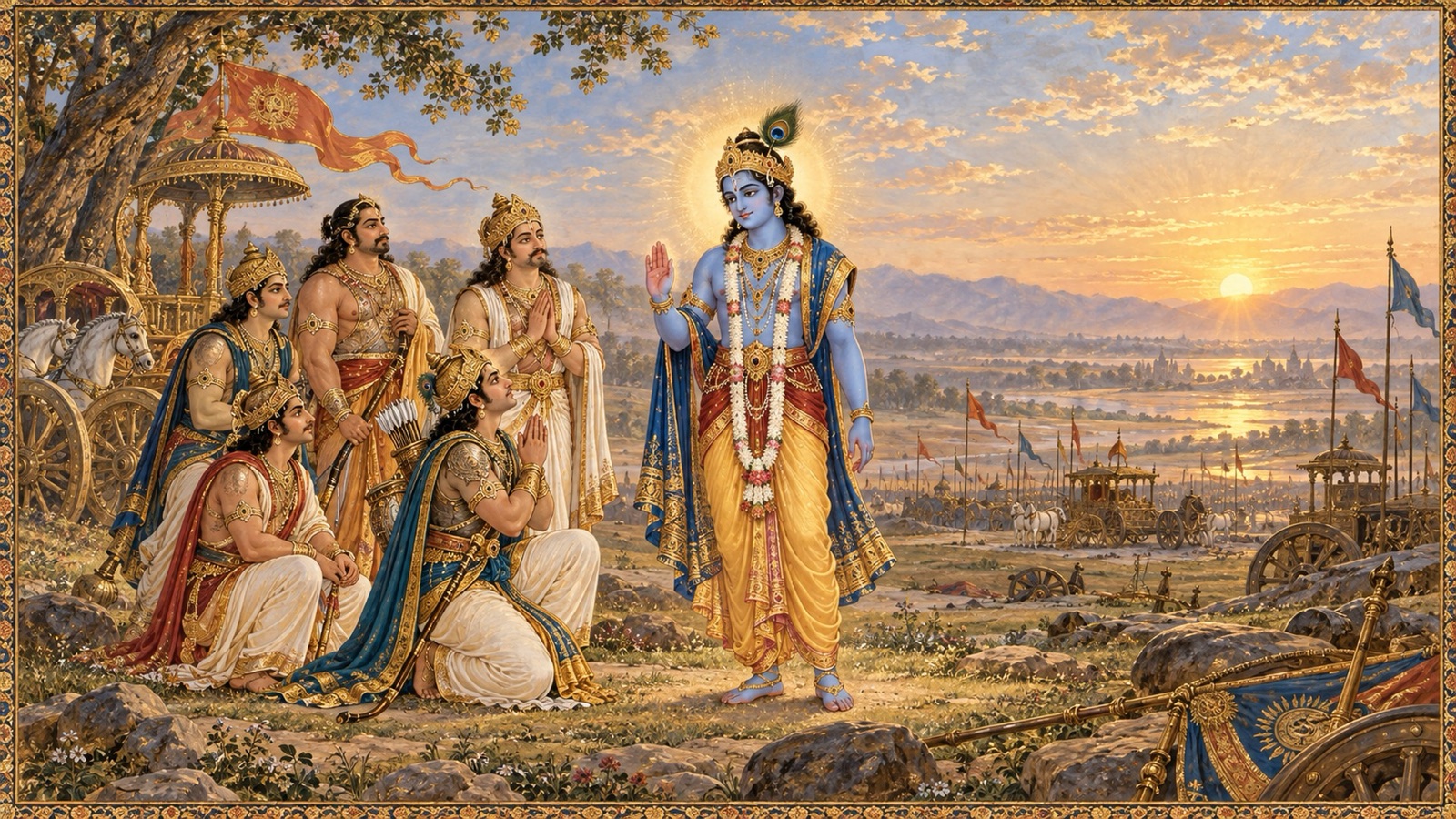 Lord Sri Krishna guiding the righteous Pandavas as the great conflict reaches its close and the earth's burden is lifted