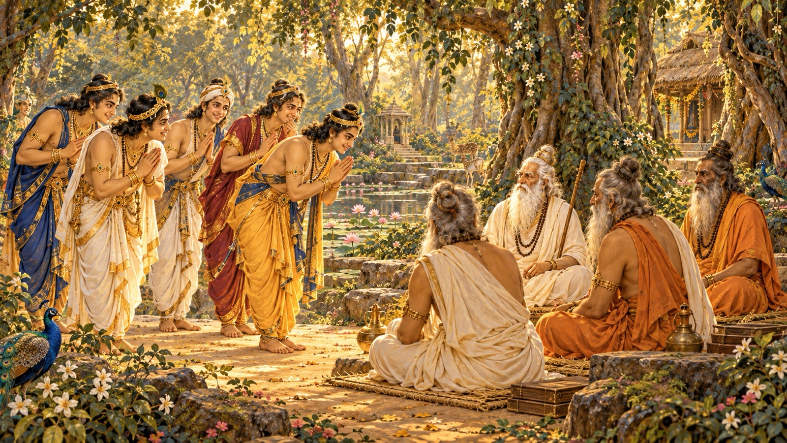 Yadava youths bowing with feigned reverence before the seated sages of Pindaraka