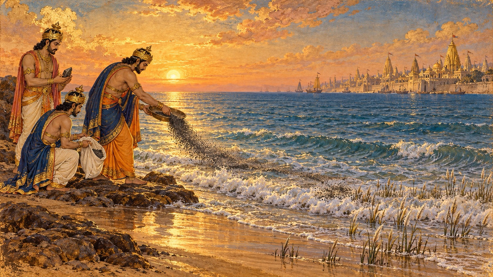 By King Ugrasena's order the iron pestle is ground to powder and cast into the sea