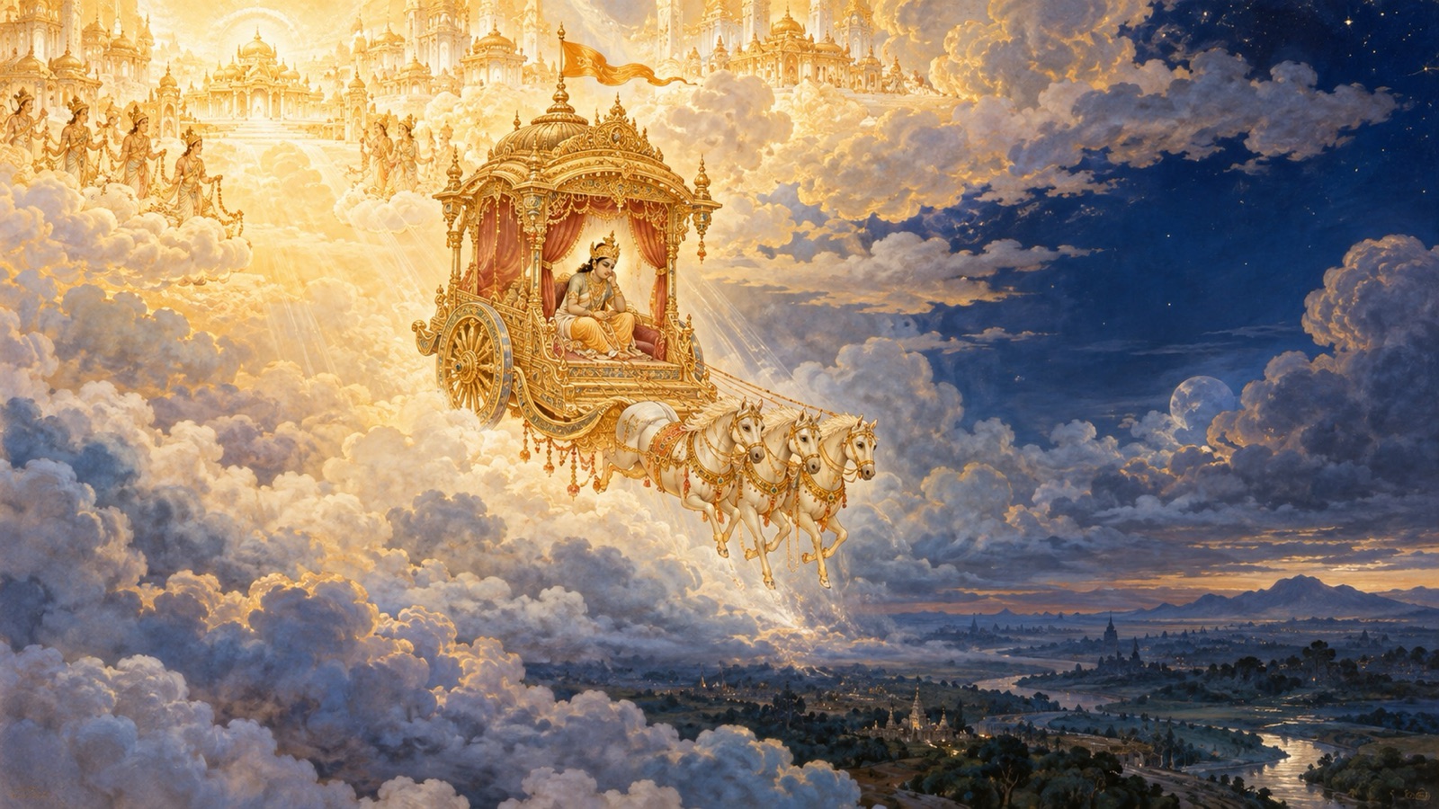 A celestial chariot descending as a soul's merit is exhausted, symbolizing the fall from heaven