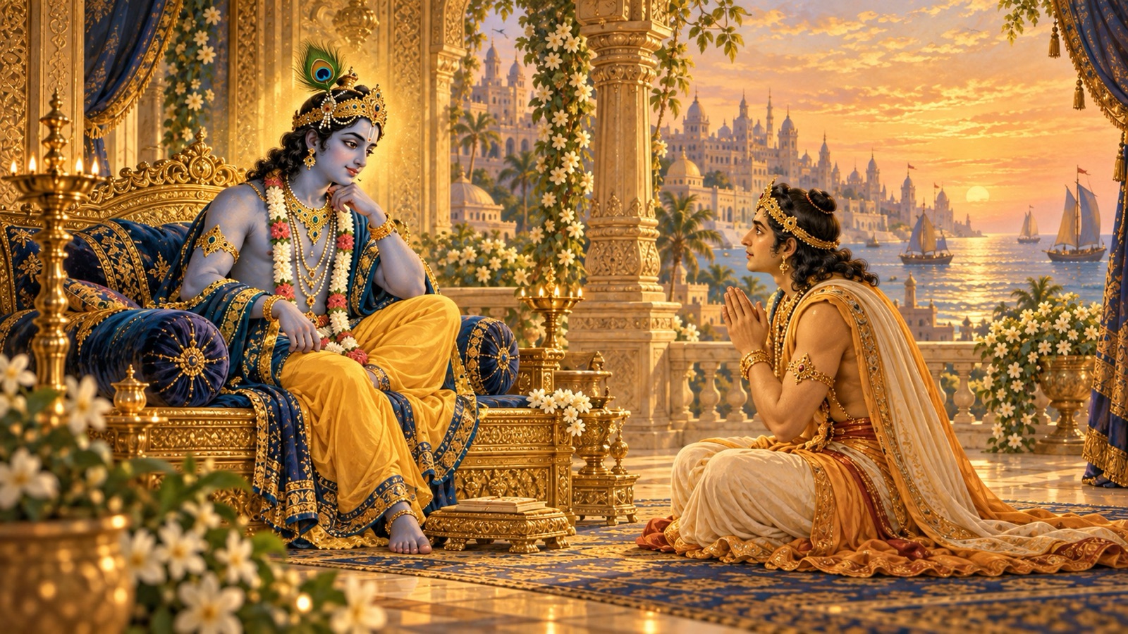 Uddhava with folded hands asking Lord Krishna how the soul comes to be bound