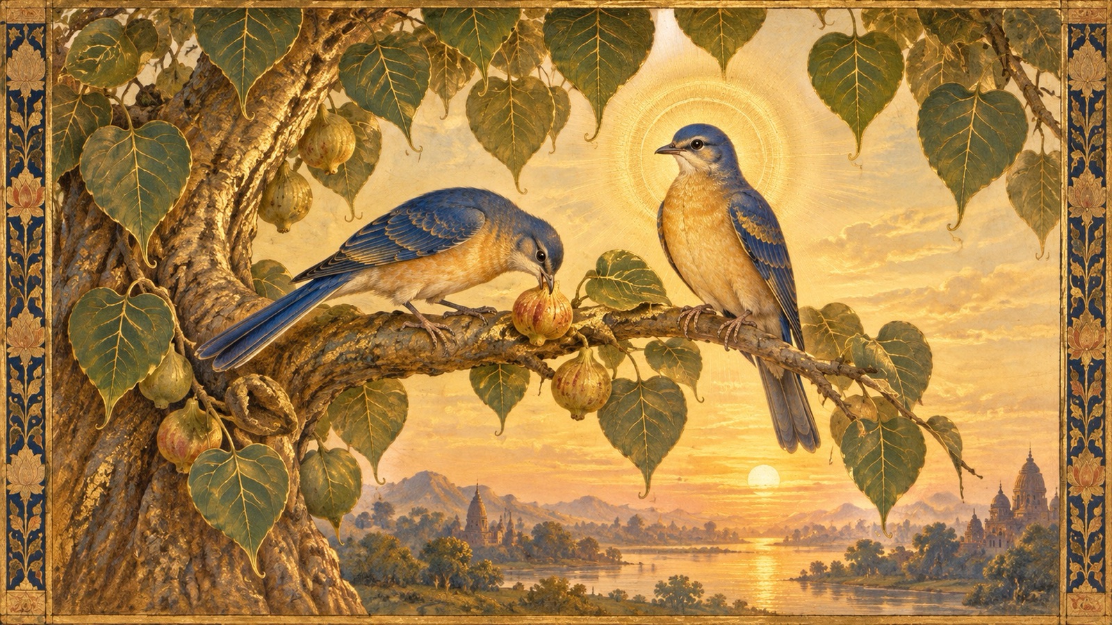 Two birds seated together on one tree, one tasting its fruit and the other serene and free