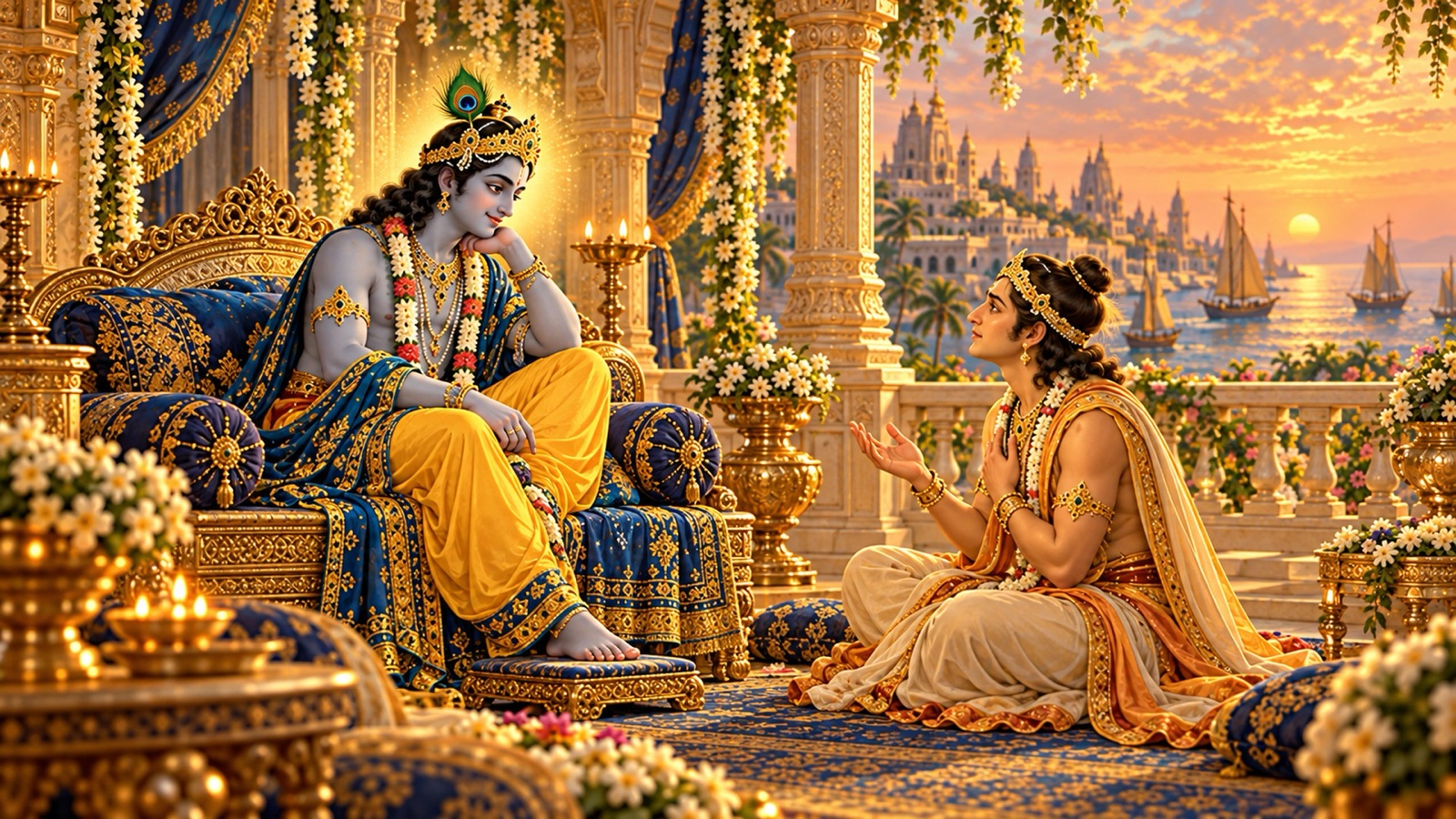 Uddhava with folded hands honestly confessing a lingering doubt to Lord Krishna