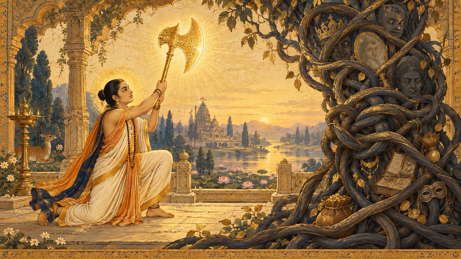 A radiant axe of knowledge symbolizing the cutting away of the ego's bondage
