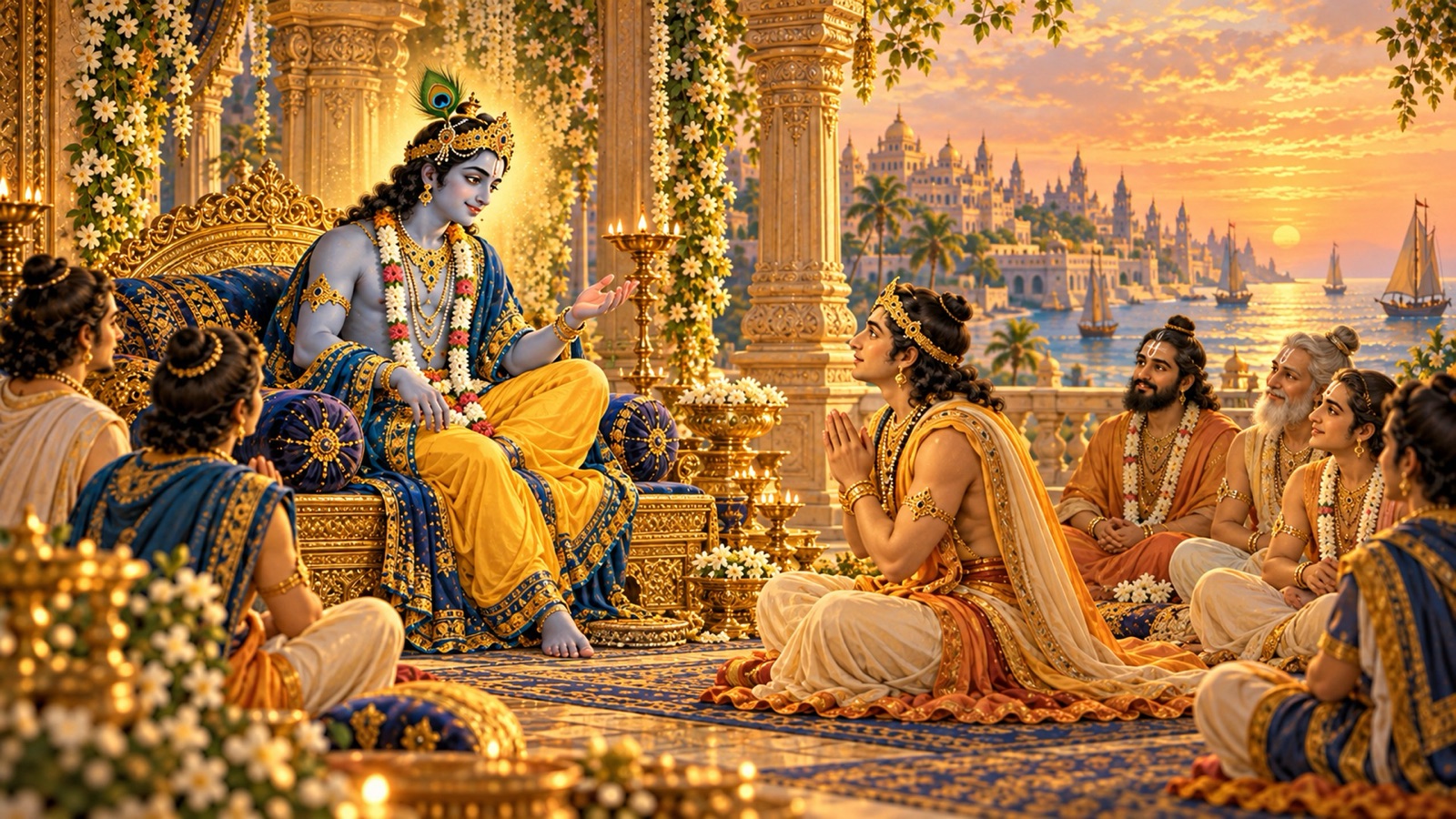 Lord Krishna teaching Uddhava the supreme power of holy company and pure love