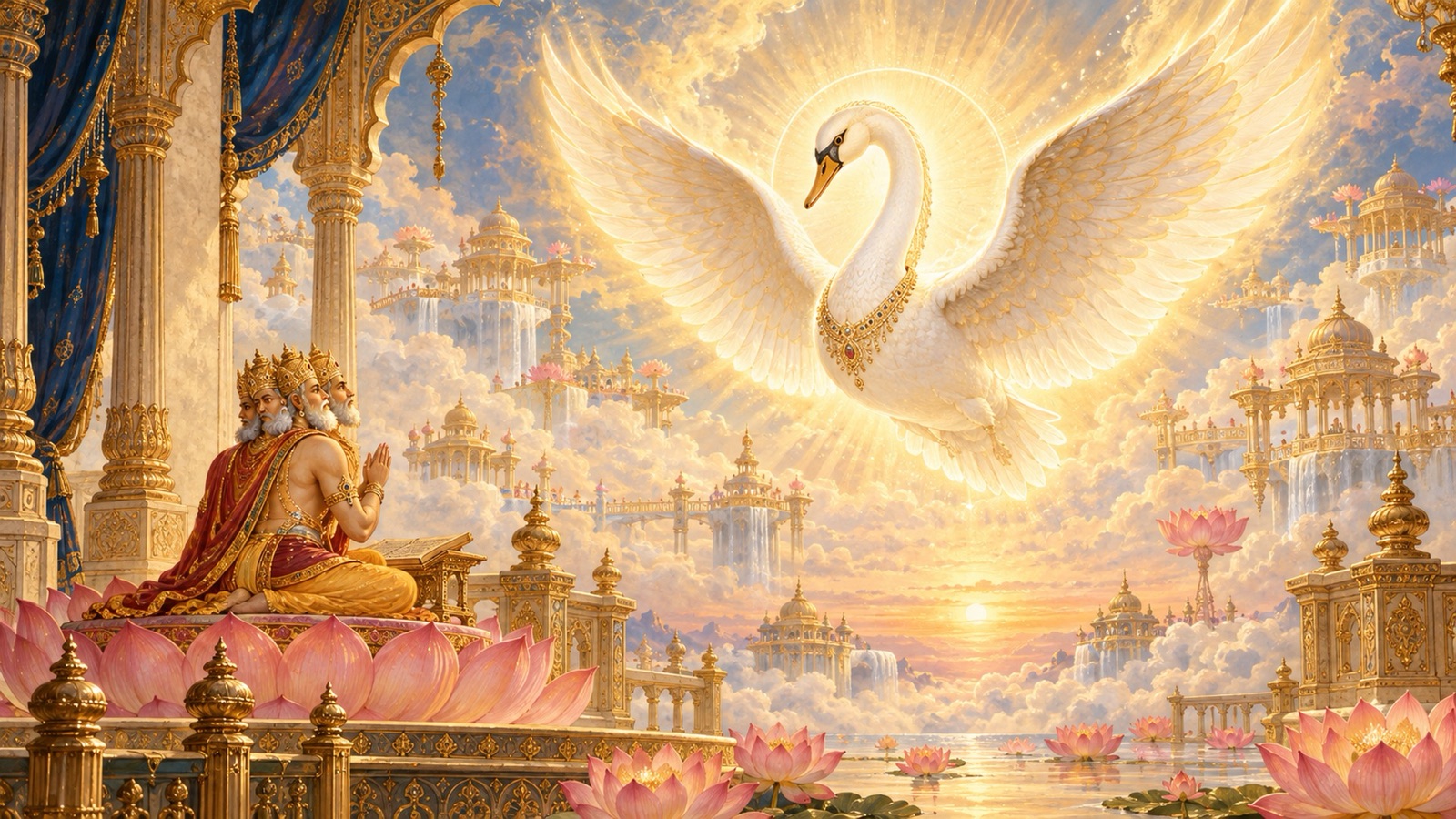 The Lord as a radiant Divine Swan appearing before Brahma and the sages Sanaka and his brothers