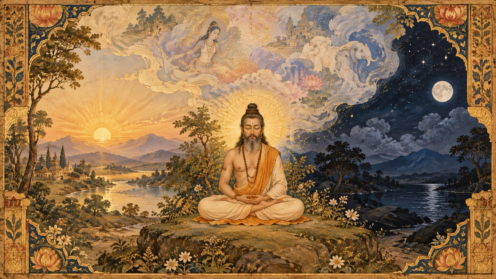 A serene image evoking the Self as the silent witness of waking, dream and deep sleep