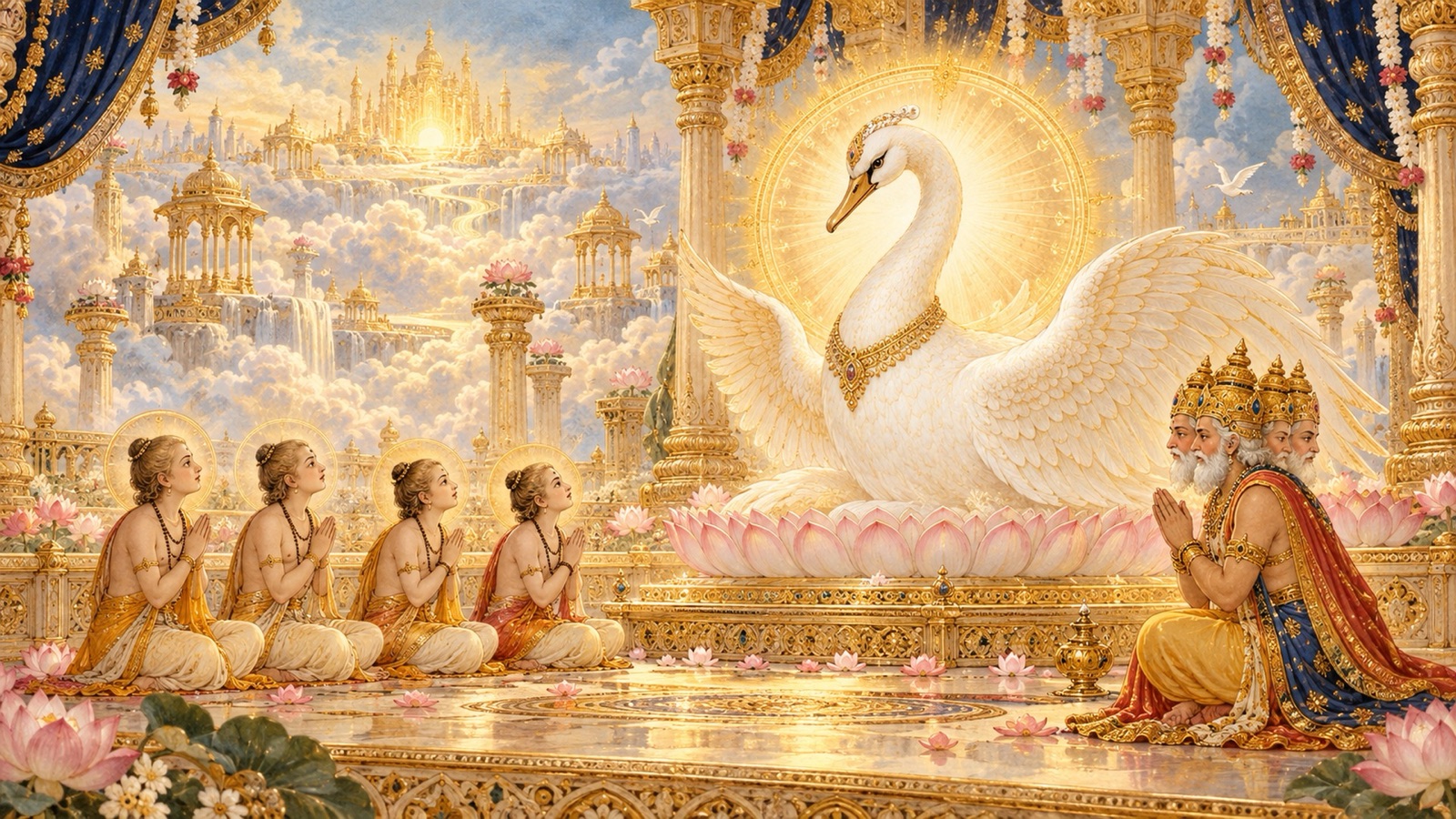 The Lord appearing as a radiant Divine Swan to teach the sage Sanaka and his brothers