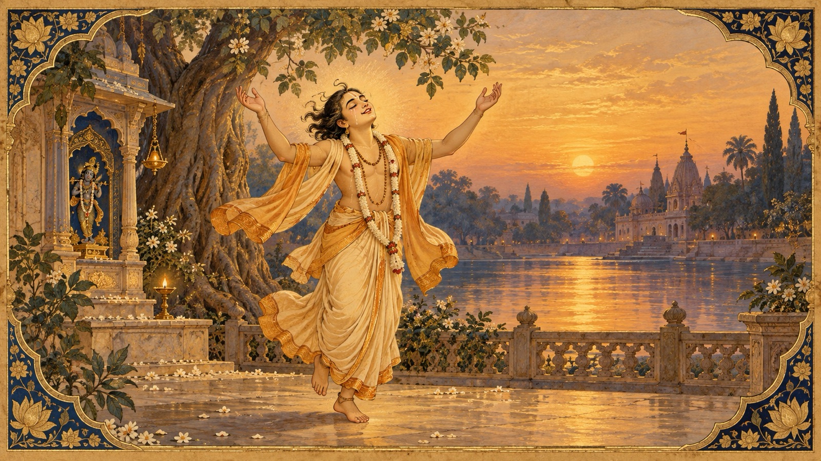 A devotee overcome with tears, trembling and joy, singing and dancing in love of Lord Krishna
