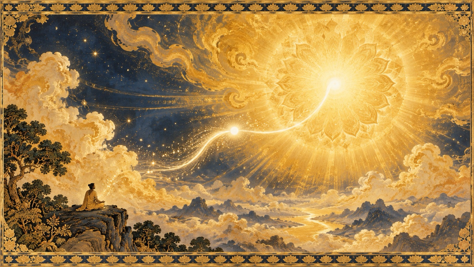 A luminous image of a soul's light merging into the greater radiance of the Lord, symbolizing final union