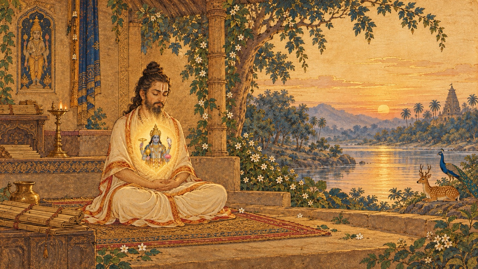 A yogi meditating with a luminous vision of Lord Narayana arising within the heart