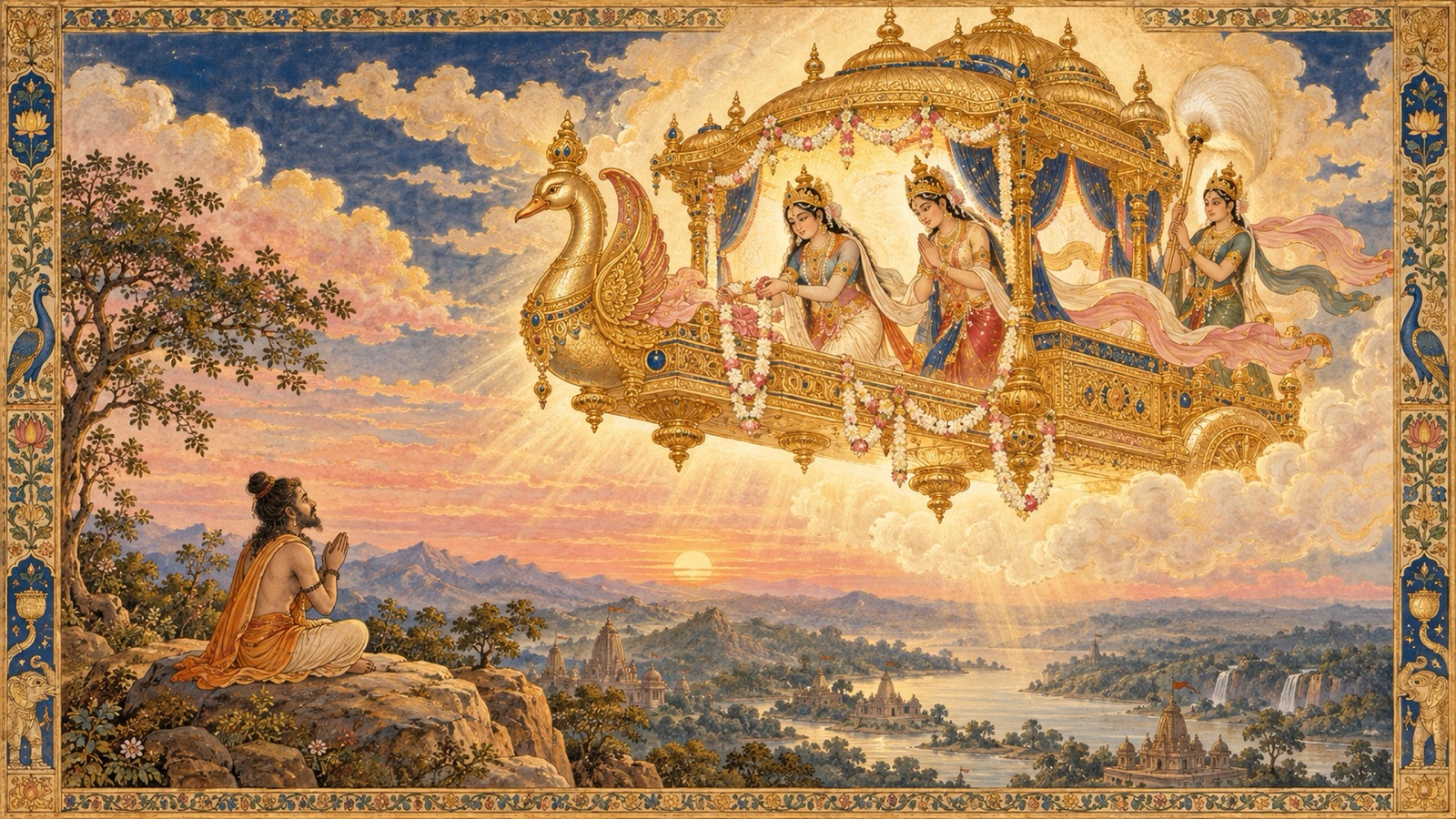 Celestial nymphs arriving with an aerial car to receive a devotee who has contemplated the Lord's own goodness