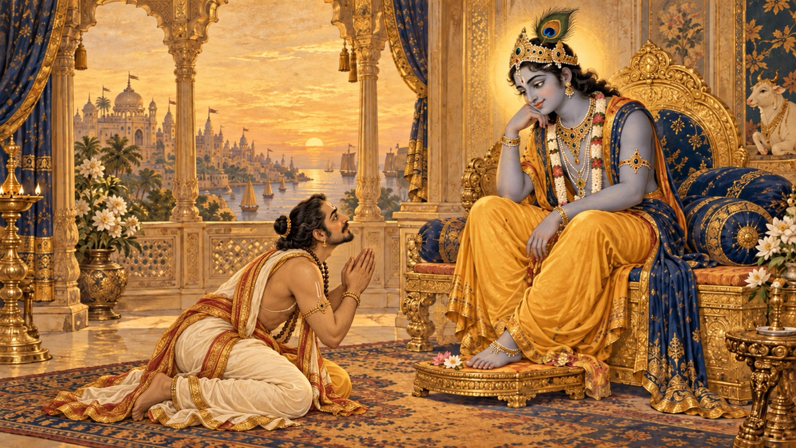 Uddhava bowing before Lord Krishna, asking Him to reveal His divine manifestations existing on earth, in heaven and in the quarters