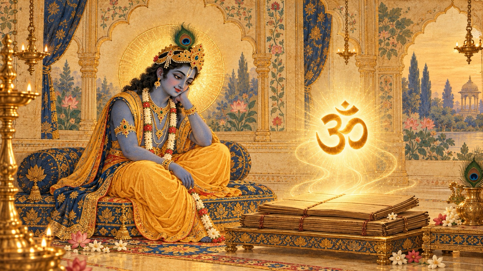 Lord Krishna radiant with the sacred syllable Om and the Vedas, revealing Himself as the first teacher of the Vedas and the Gayatri among sacred metres