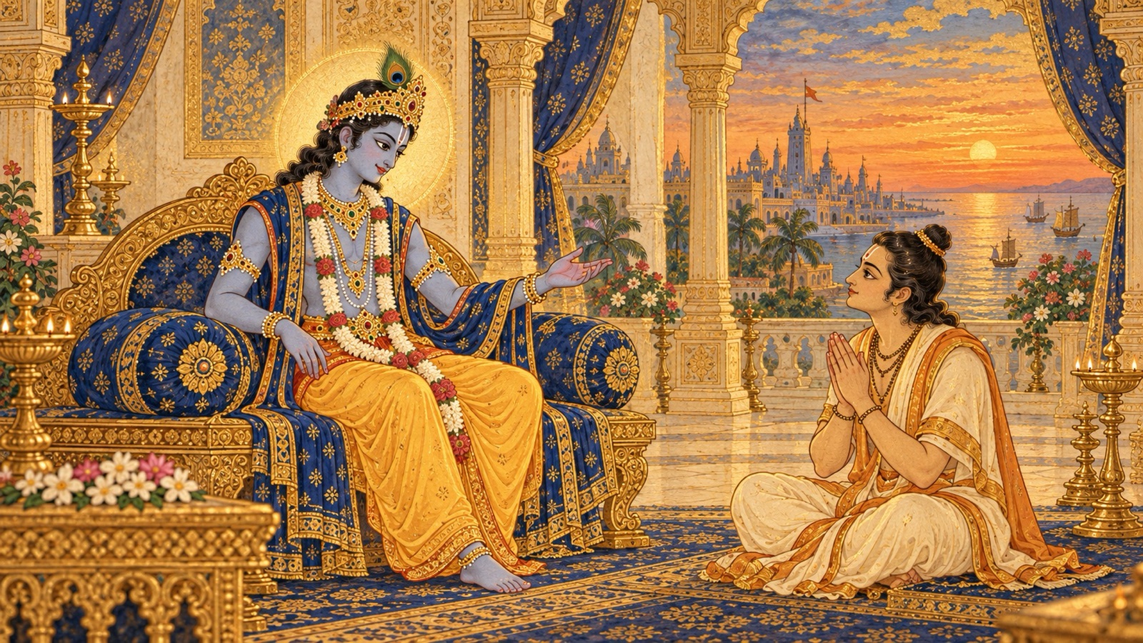 Lord Krishna turning tenderly toward Uddhava, naming him as His own manifestation among devotees