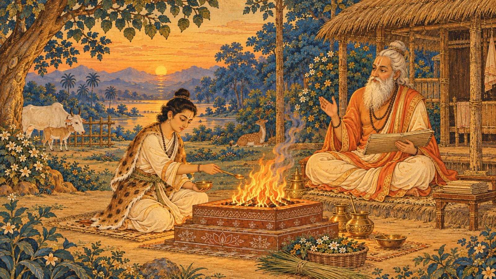 A young Brahmachari student tending the sacred fire and reciting the Vedas in his guru's hermitage