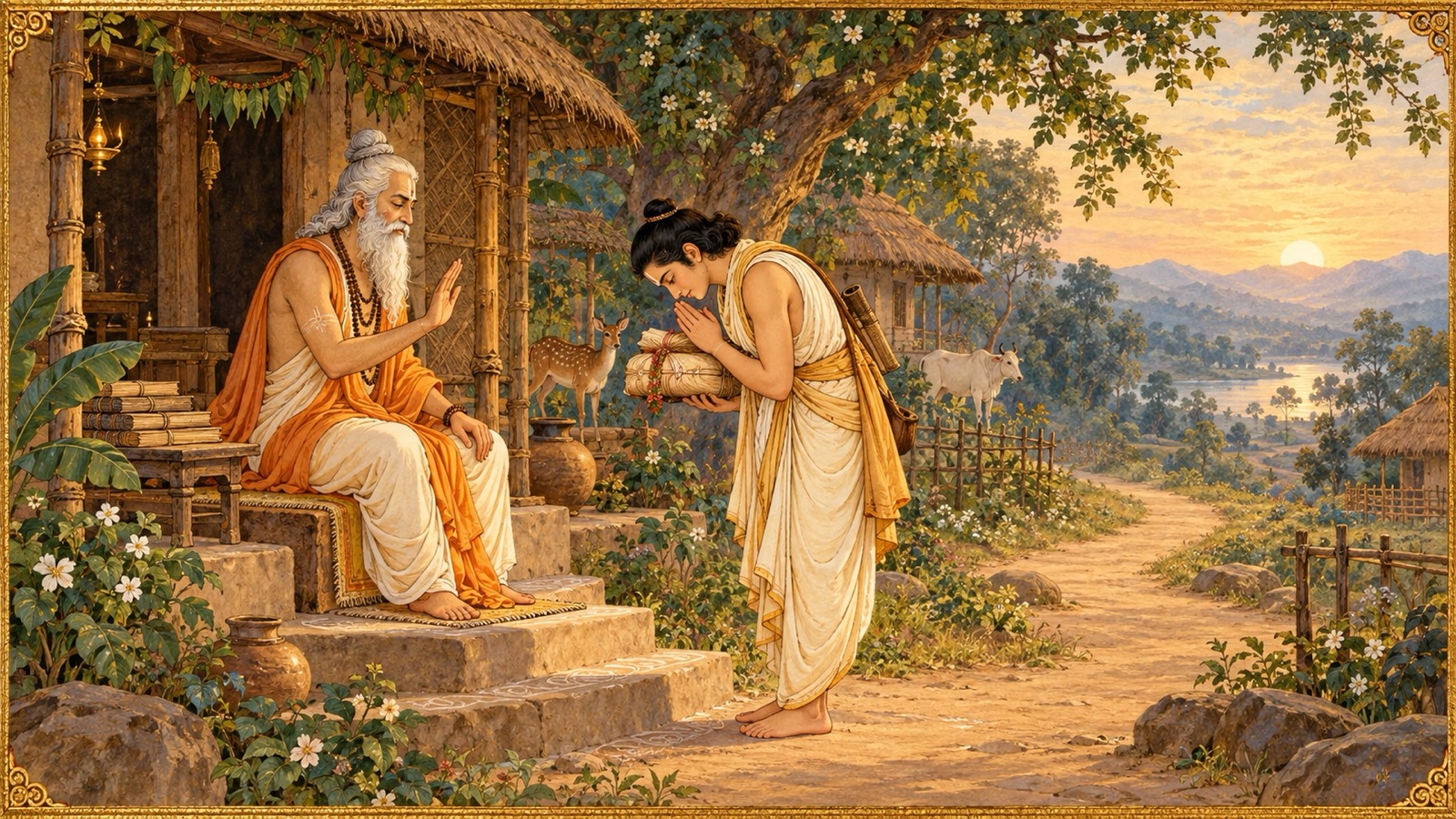 A student offering gratitude to his guru before departing the hermitage at the completion of his studies
